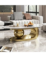51 Inches Oval Faux Marble Coffee Table for Living Room with Stainless Steel Base