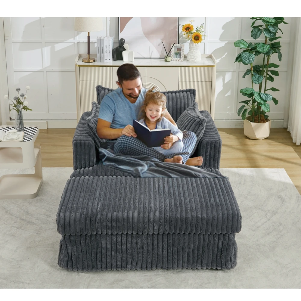 47.7'' Oversized Corduroy Chaise Longue with Ottoman, Deep Seat Reclining Chair Sofa, Comfy Thicked Upholstered Pad Chair, with Foot Stool, Oversize,