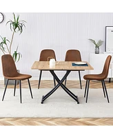 Modern Minimalist Table Set: Multifunctional Desk with 4 Brown Fabric Chairs
