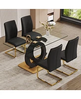 Tempered Glass Dining Set with 4 Pu Chairs - Black and Gold