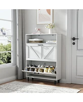 Farmhouse Shoe Storage Cabinet with Barn Door Design, Shoe Organizer with 2 Flip Drawers, Freestanding Narrow Shoe Rack Cabinet with Open Storage for