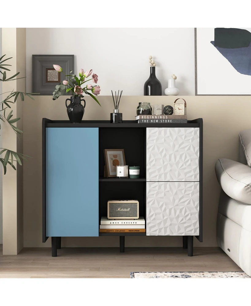 Sideboard Buffet Cabinet, Black Storage Cabinet with Red Doors, 2 Drawers with unique panel styling and 2 Open Storage Compartment