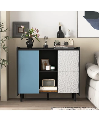 Sideboard Buffet Cabinet, Black Storage Cabinet with Red Doors, 2 Drawers with unique panel styling and 2 Open Storage Compartment
