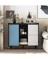 Sideboard Buffet Cabinet, Black Storage Cabinet with Red Doors, 2 Drawers with unique panel styling and 2 Open Storage Compartment