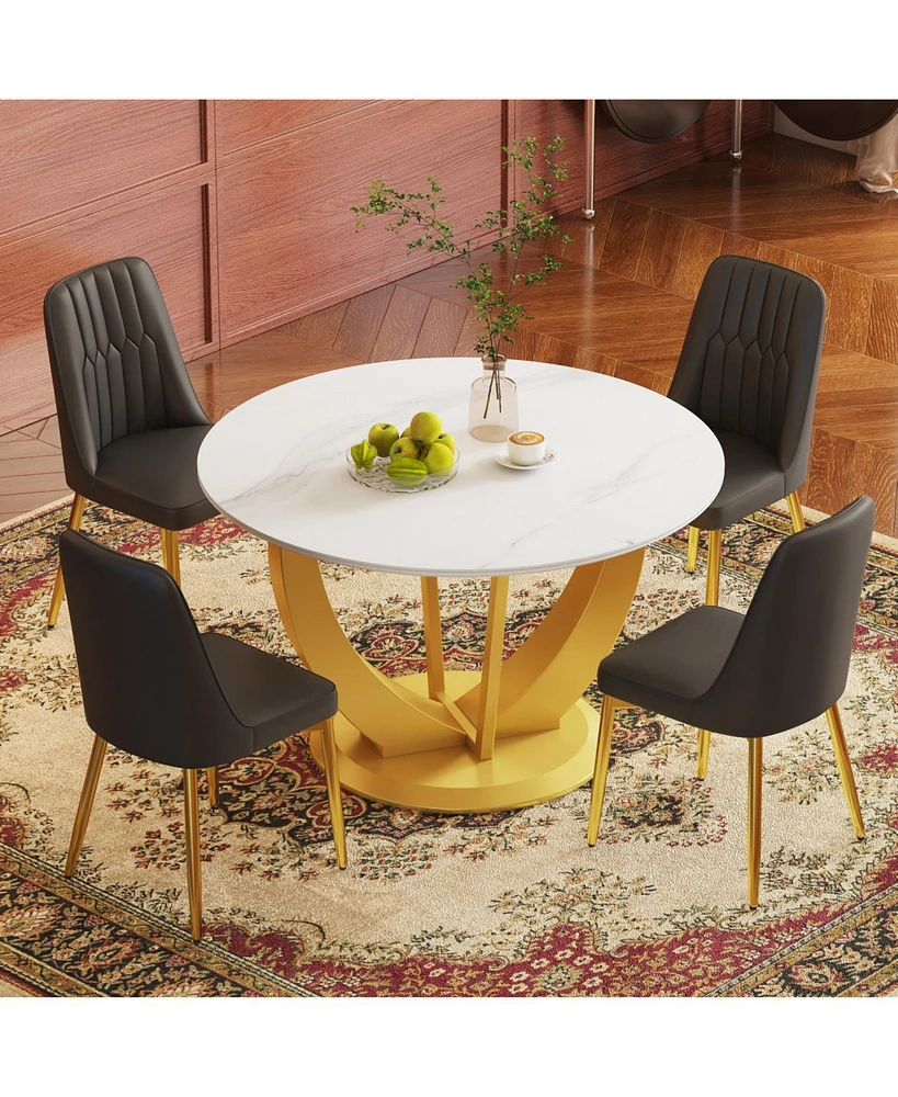 Elegant 47" Snow Mountain Dining Table Set with 4 Black Pu Chairs