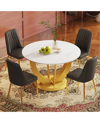 Elegant 47" Snow Mountain Dining Table Set with 4 Black Pu Chairs