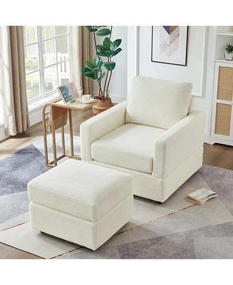 Corduroy Chaise Lounge with Ottoman for Living Room - Beige