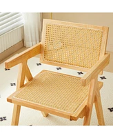 Natural Rattan Dining Chairs (2), Armrest & Solid Wood, Living Room