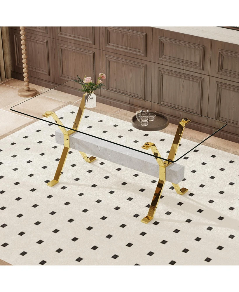 Modern Glass Dining Table with Gold Legs, Multipurpose for Home/Office (71"x35"x30")