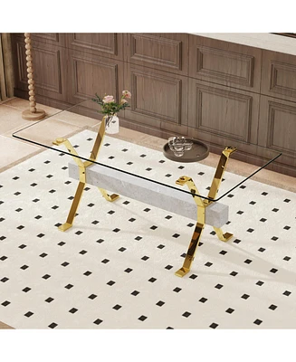 Modern Glass Dining Table with Gold Legs, Multipurpose for Home/Office (71"x35"x30")