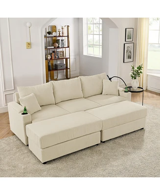 Beige Corduroy Sofa Bed with Storage & Ottomans