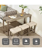 Bar Table Set with 3 Stools & Power Outlet - Brown