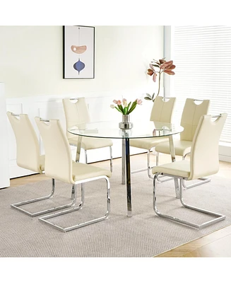Modern Glass Dining Set: 6 Chairs, Round Table