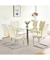 Modern Glass Dining Set: 6 Chairs, Round Table