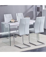 White Mdf Coffee Table with Glass Legs and 4 Gray Pu Chairs