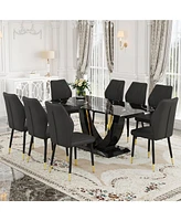 Black Marble Pattern Tempered Glass Dining Set - 71"x35.4" with 8 Black Pu Chairs With a Widened Backrest Design