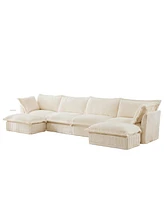 U-Shaped Slipcovered Sectional, Deep Seat & Cushions, Cream Corduroy (4-Seater)