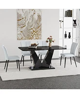 Black & Gold Glass Dining Table Set with 4 Light Gray Chairs