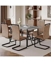 Modern Grey Marble Mdf Dining Set with 6 Tech Fabric Chairs and Black Arched Legs