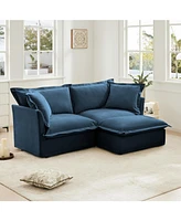 Cozy Blue Chenille L-Shaped Sofa with Ottoman and Detachable Cover
