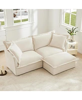 Cream Chenille Sectional Sofa with Ottoman and Pillows