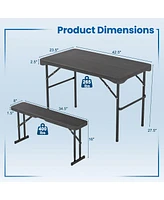 Outdoor Folding Table Bench Set w All-Weather Hdpe Tabletop and Sturdy Metal Frame-Black