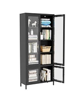 Large Metal Storage Cabinet Display Cabinet with 4 Glass Doors 5 Shelves Side Cabinet Bookcase Freestanding Cabinet for Bedroom Living Room Pantry Hom
