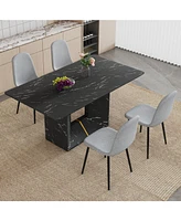 Black Marble Dining Set - 63" Table & 4 Gray Linen Chairs
