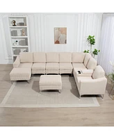 Beige Corduroy Convertible Sectional Sofa with Ottoman, Usb