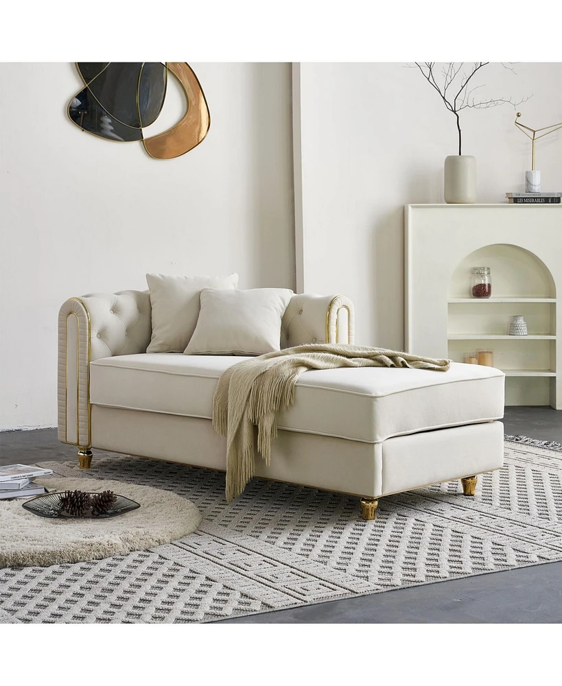66.9''W Velvet Chaise Lounge,Luxury Modern Chaise Furniture,Tufted Back with 2pcs toss pillows for Living Room,Bedroom,Apartment,Beige Color