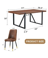 Industrial Walnut Dining Set with 6 Brown Suede Chairs