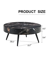 31.5" Black Marble-Patterned Round Coffee Table with Metal Legs