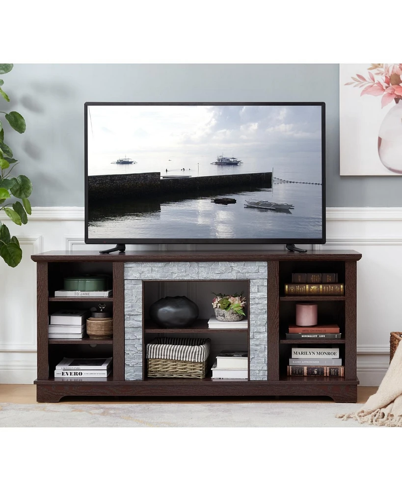 Modern Cherry Tv Stand with Faux Stone Surround