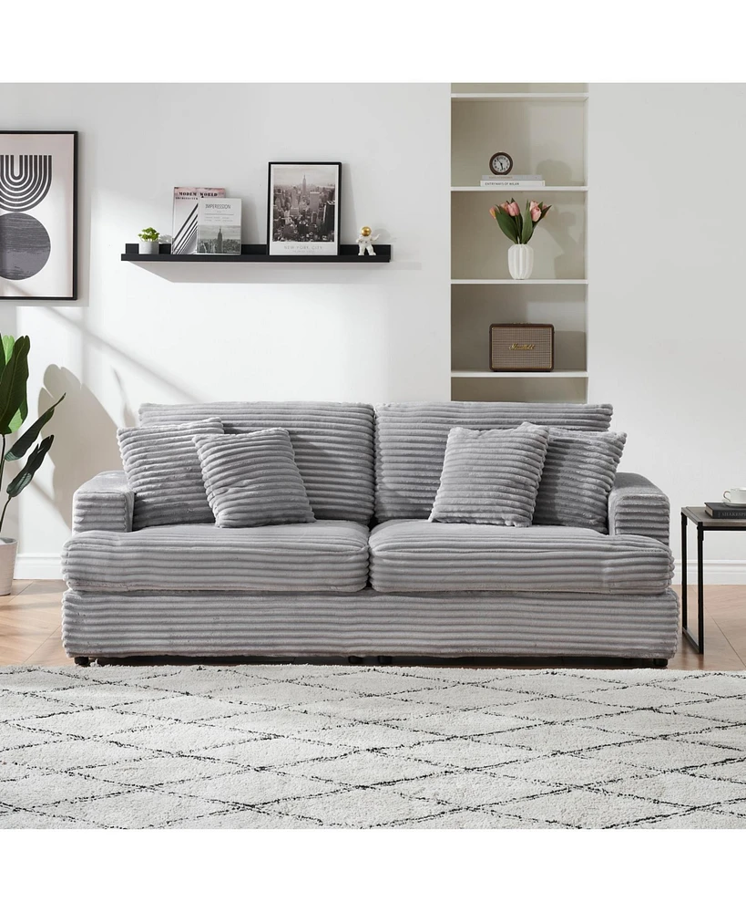 79.3 inches long, Corduroy Sofa, with 4 Matching Toss Pillows Sleek Design Spacious and Comfortable 3 Seater Couch for Modern Living Room, Gray