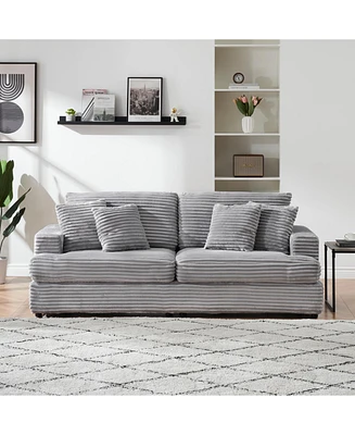 79.3 inches long, Corduroy Sofa, with 4 Matching Toss Pillows Sleek Design Spacious and Comfortable 3 Seater Couch for Modern Living Room, Gray