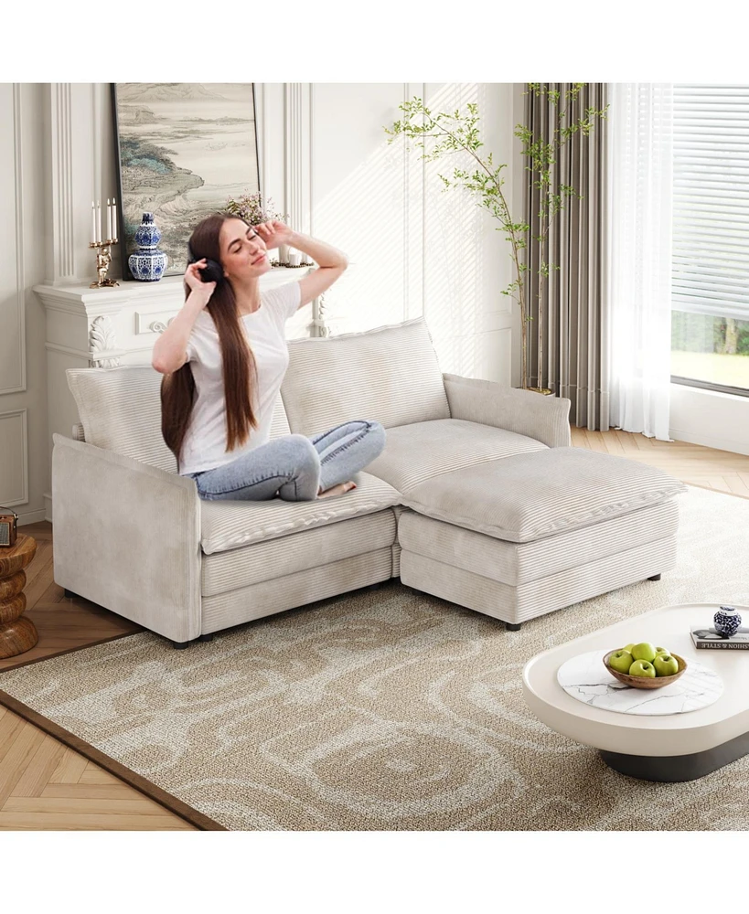 Corduroy Loveseat Sofa with Ottoman & 2 Cushions