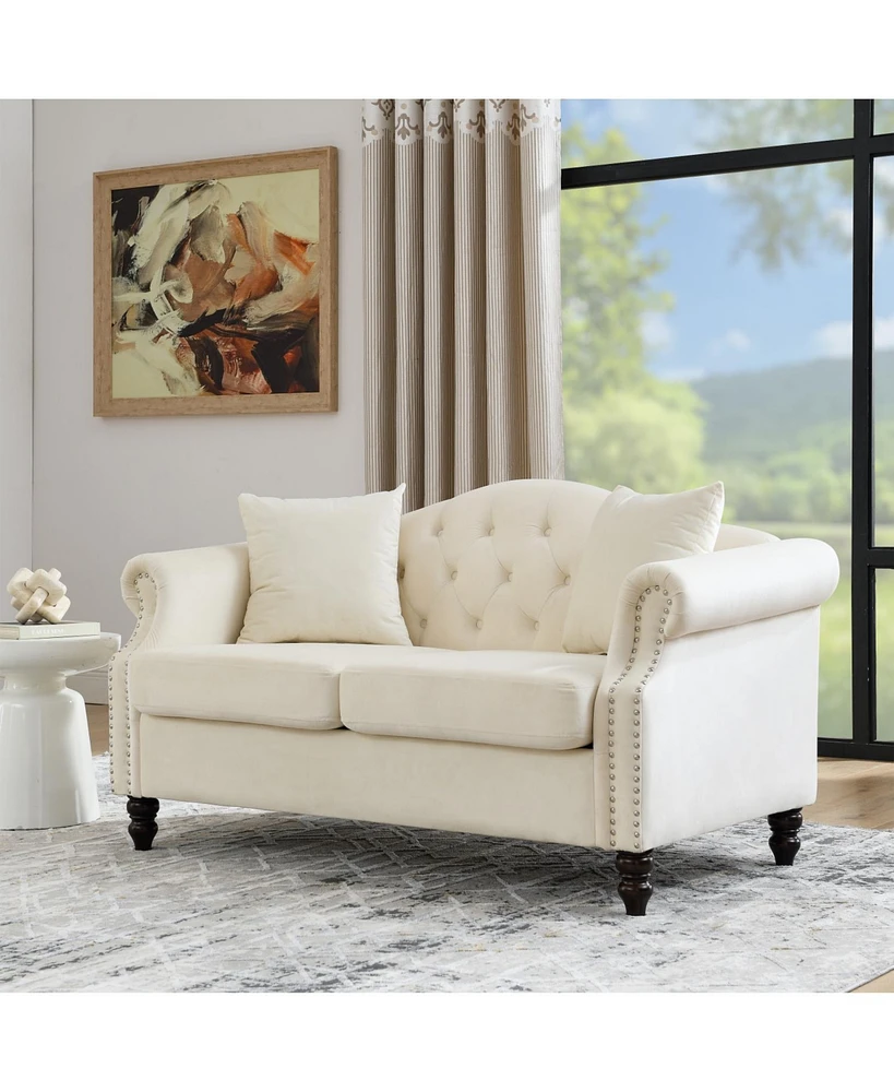 57" Chesterfield Sofa Grey Velvet for Living Room, 2 Seater Sofa Tufted Couch with Rolled Arms and Nailhead for Living Room, Bedroom, Office, Apa