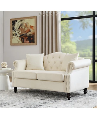 57" Chesterfield Sofa Grey Velvet for Living Room, 2 Seater Sofa Tufted Couch with Rolled Arms and Nailhead for Living Room, Bedroom, Office, Apa