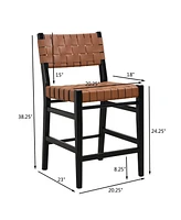 24" Classic Pu Counter Stools (Set of 2), Rubberwood Frame, Brown