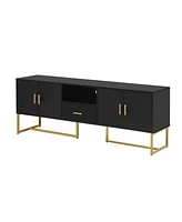 Modern Tv Stand for TVs up to 70", with Drawer, Cabinets, Metal Legs, Handles, and Safety Device