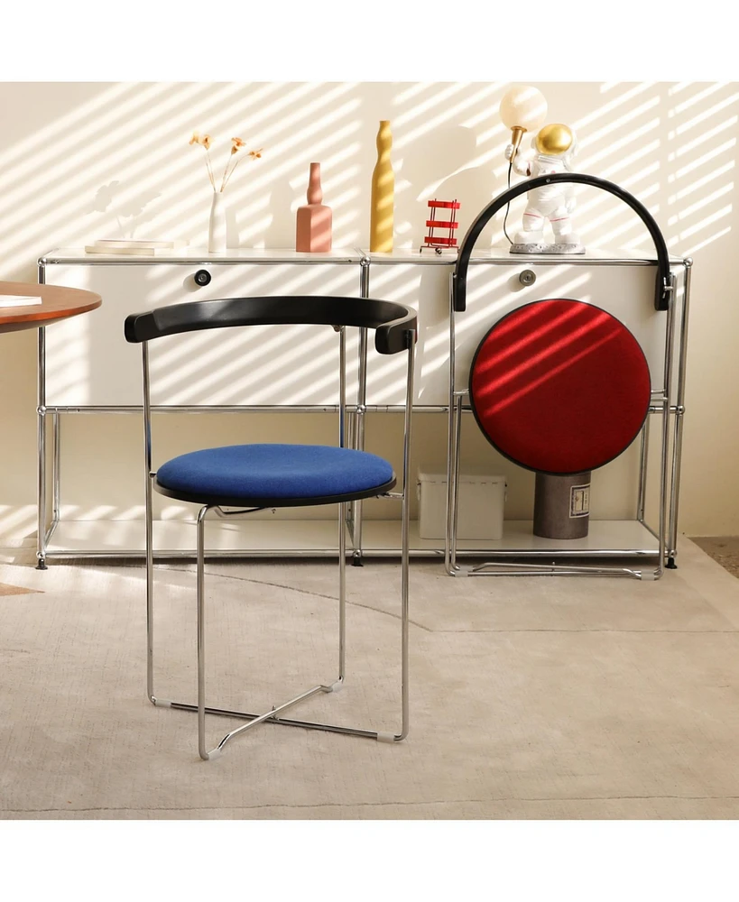 Modern Folding Dining Chair, Upholstered with Wood Back, Chrome Frame (Blue, 1 Pack)