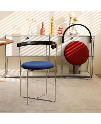 Modern Folding Dining Chair, Upholstered with Wood Back, Chrome Frame (Blue, 1 Pack)