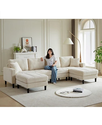 Oversized U-Shaped Corduroy Modular Sofa with Ottomans and Pillows