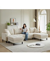 Oversized U-Shaped Corduroy Modular Sofa with Ottomans and Pillows