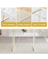 Cream-White Mdf Dining Table (55"x31") with 6 White Chairs & Silver Legs