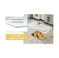 Jade Sintered Stone Dining Table with Golden X-Legs and 6 White Pu Dining Chairs