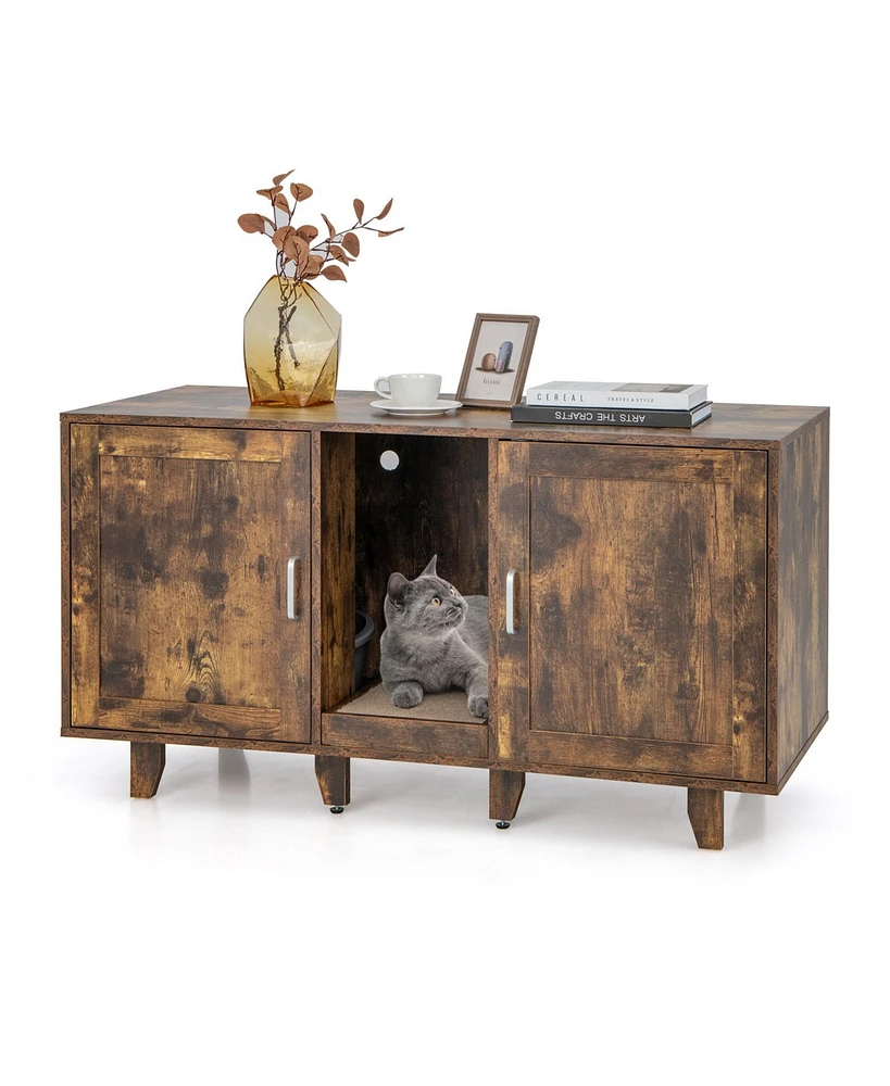 2-Door Cat Litter Box Enclosure with Winding Entry and Scratching Board