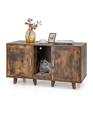 2-Door Cat Litter Box Enclosure with Winding Entry and Scratching Board