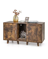 2-Door Cat Litter Box Enclosure with Winding Entry and Scratching Board
