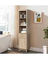 LuxenHome Natural Finish Wave-Patterned Manufactured Wood 1-Drawer 1-Door Bathroom Tower Cabinet
